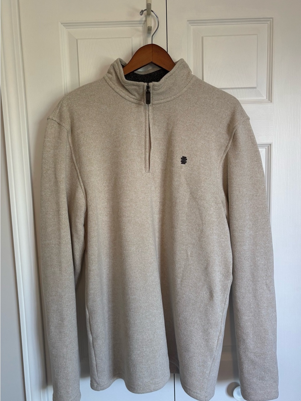 IZOD Beige Quarter Zip Mock Neck Logo Preppy Sweatshirt Men's LT
